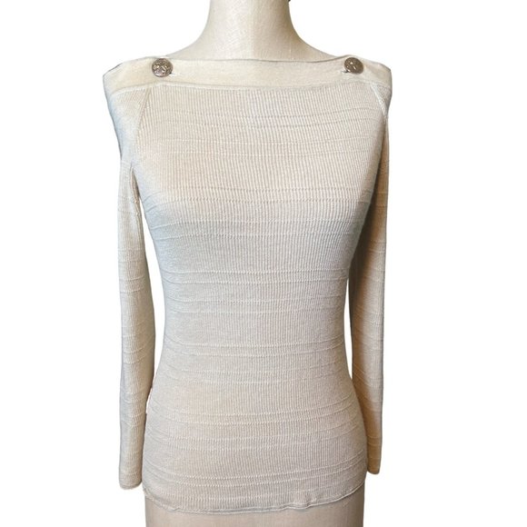 CHANEL Sweaters - CHANEL 100% Cashmere/Silk Cream Color/Gold Chain off shoulder Sweater Size 6